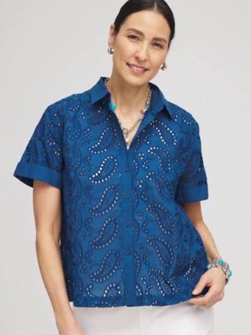NEW Chico's Sz 3 (XL) Eyelet Blue Blouse Button Up Short Sleeve Cotton